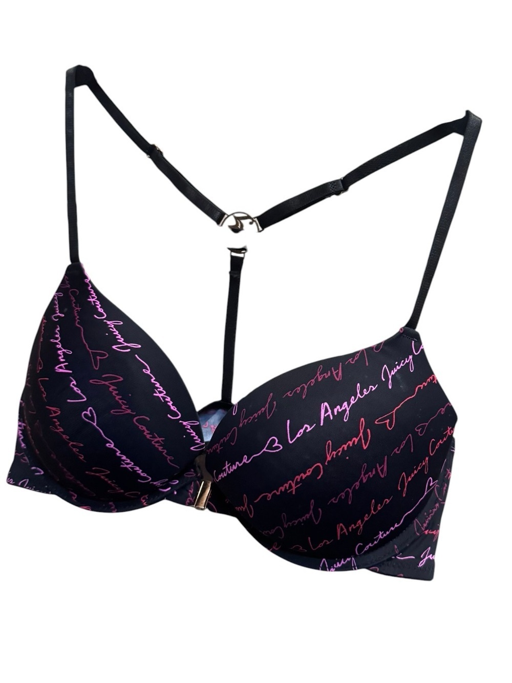 JUICY COUTURE Los Angeles Logo Bra 36C Front Clasp Racer Back Blk Pink Red